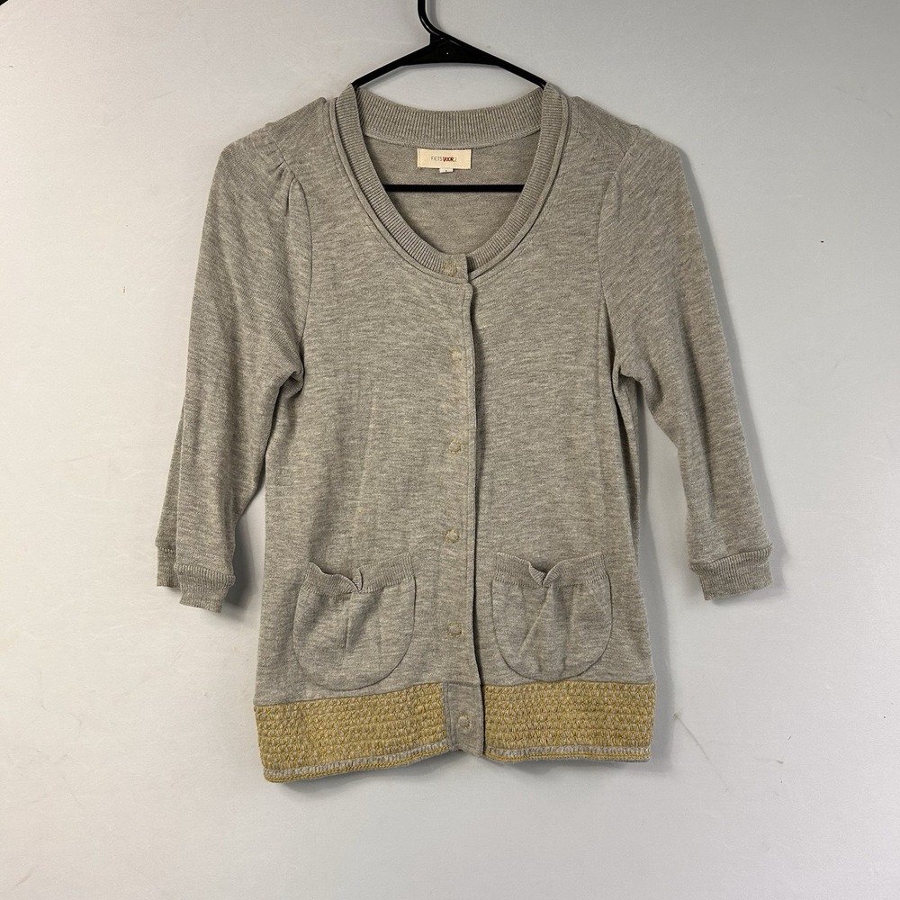 Fiets Voor 2 Cardigan Women Small Gray Yellow Smocked Hem Snap Front Sweater